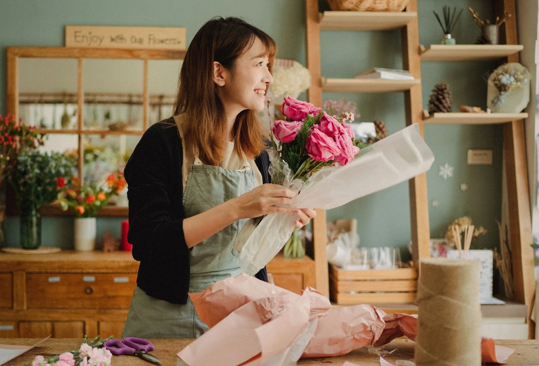 Florist preparing a bouquet